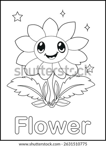 Smiling Flower Coloring Sheet – Fun Printable with Word Label for Preschool Vocabulary Practice