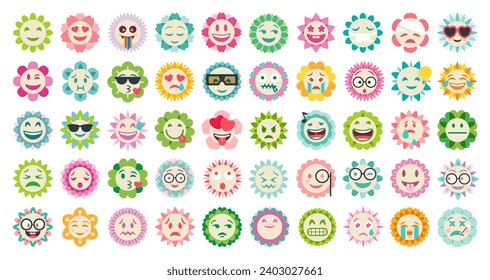 Smiling Flower Emoji Set. Funny emoticon groovy blossom patches. Cute cartoon flowers in trendy retro style