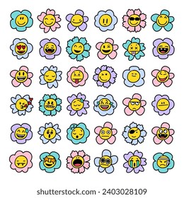 Smiling Flower Emoji Set. Funny emoticon groovy blossom patches. Cute cartoon flowers in trendy retro style