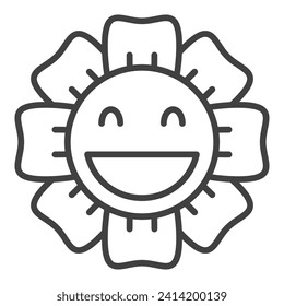 Smiling Flower in Groovy 60s or 70s style vector minimalist concept thin line icon or symbol