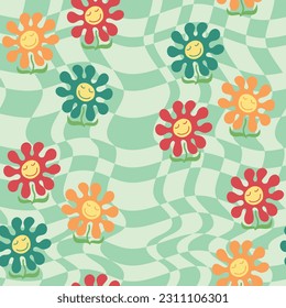 Smiling Flower Groovy 70s Retro Psychedelic Checkerboard Repeat Pattern Background 