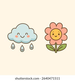 Smiling flower and rain cloud cartoon – cute kids weather illustration with raindrops and sunny flower for education, storybook, and eco design