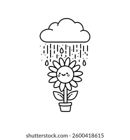 Smiling flower stands under a cloud with falling rain droplets in a simple, cheerful design