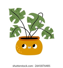 Smiling flowerpot character with cute facial expression and leaves. Vector in flat style, isolated monstera plant with exotic leafage and natural foliage. Emoticon or sticker for social media