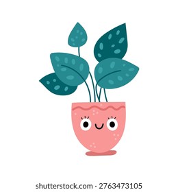 Smiling flowerpot character with leaves and cute facial expression. Vector in flat style, isolated exotic flower with foliage. Home interior design and adornment, nature personage succulent