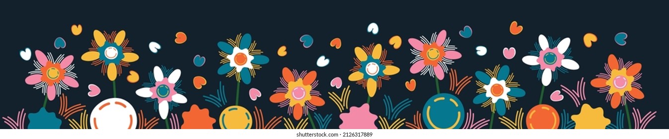 Smiling flowers. Large floral banner with different bright flowers. Rich flowery meadow. Design elements for decoration. Vector graphics