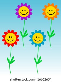 smiling flowers on blue background
