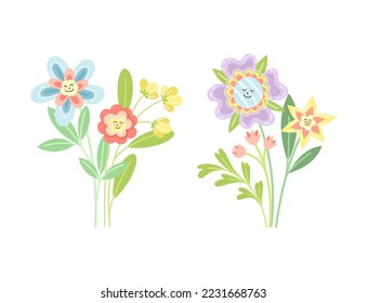 Smiling Flowers on Stalk with Petal and Green Leaf Vector Set