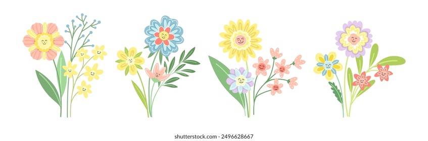Smiling Flowers on Stalk with Petal and Green Leaf Vector Set