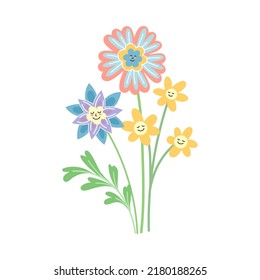 Smiling Flowers with Petal on Green Stem with Leaf Vector Illustration