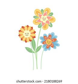 Smiling Flowers with Petal on Green Stem with Leaf Vector Illustration