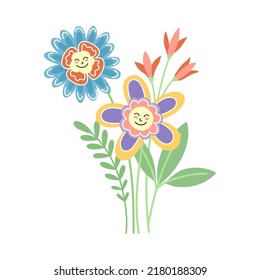 Smiling Flowers with Petal on Green Stem with Leaf Vector Illustration
