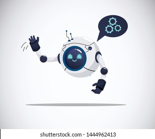 sonriente saludo de chatbot volando y estrechando las manos ayudando a resolver un problema. con chispa de texto. movimientos de saludo. ilustración vectorial. aislado de fondo blanco.