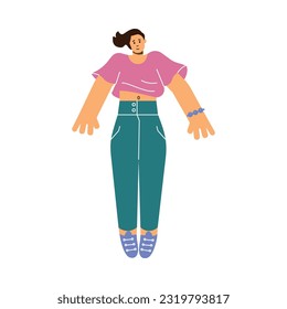 Smiling flying woman front view flat style, vector illustration isolated on white background. Relaxed soaring character, freedom and fantasy, decorative design element