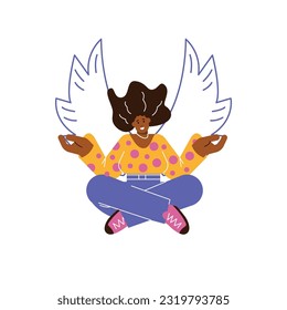Smiling flying woman in lotus position with outlined wings flat style, vector illustration isolated on white background. Decorative design element, positive emotions, happiness and freedom