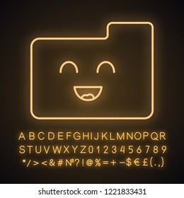 Smiling folder neon light icon. Data storage. Easy file manager. Happy folder, data archive. Glowing sign with alphabet, numbers and symbols. Vector isolated illustration
