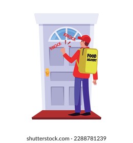 Smiling food delivery man knocking on closed door flat style, vector illustration isolated on white background. Service, courier with yellow bag, design element