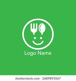 Smiling Food Logo with Spoon and Fork Icon on Green Background