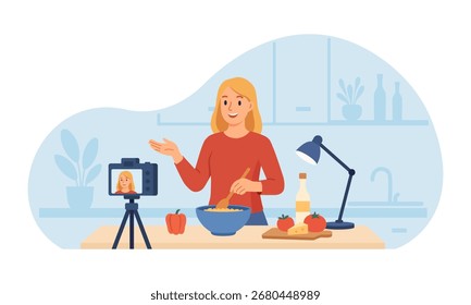 Smiling food vlogger grava uma receita passo a passo em cozinha aconchegante usando câmera e tripé. Chef ao vivo streaming cozinhar nova receita. Conteúdo, criação de postagens nas mídias sociais. Vídeo tutorial, show culinário
