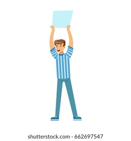 Smiling football fan character in blue holding blank banner over his head vector Illustration