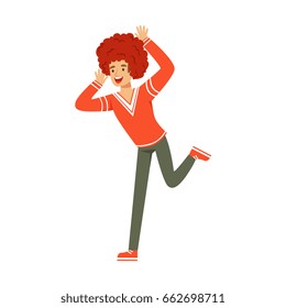 Smiling football fan character in red wig celebrating the victory of his team vector Illustration