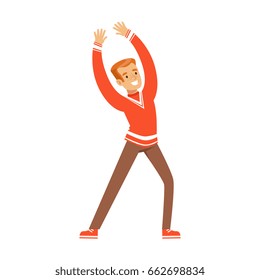 Smiling football fan character in red celebrating the victory of his team vector Illustration