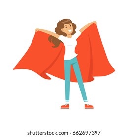 Smiling football fan girl character in red standing and holding red flag on her shoulders vector Illustration