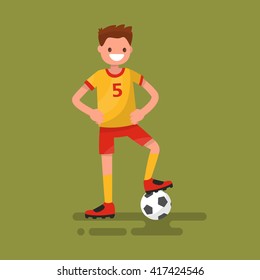 Smiling football player standing with a ball. Vector illustration