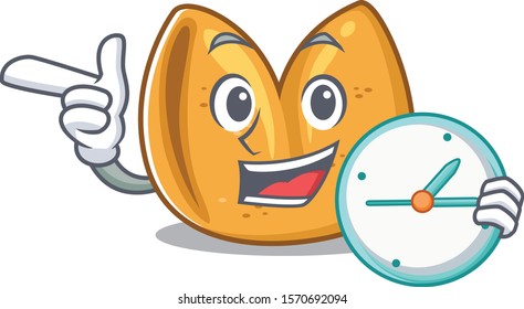 Smiling fortune cookie cartoon style vector illustration With clock