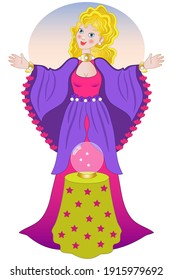 Smiling fortune teller standing on white background with small table and crystal ball