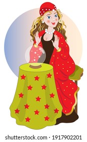 Smiling fortune teller standing with small table and crystal ball