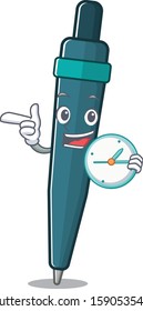 Smiling Fountain Pen Scroll Cartoon Character Style With Clock
