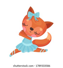 Smiling Fox in Ballerina Dress and Bow on Head Dancing Vector Illustration