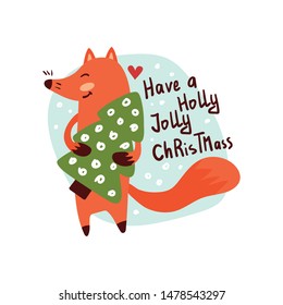 Smiling fox character holding fir tree, funny forest animal vector Illustration on a white background