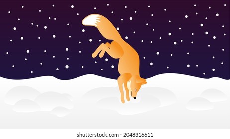 smiling fox dives into the snow, jumping fox on a background of snow, vector fox