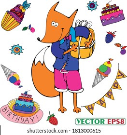 Smiling Fox with a ribbonned gift box in his hands dressed in shorts, shirt and bowtie surrounded by birthday decorations: cakes, ice creams, flags, cupcakes, strawberries closeup