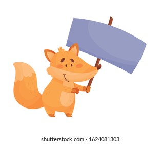 Smiling Fox Standing and Holding Banner with Copyspace Vector Illustration