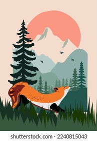 smiling fox stretches on   the background of the mountain, the forest and the sun, painted with the warm colors
