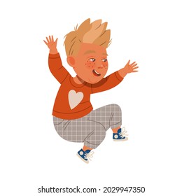 Smiling Freckled Boy Jumping Playing and Having Fun Vector Illustration