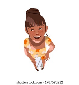 Smiling Freckled Woman with Smartphone Looking Up Watching at Something Above View Vector Illustration