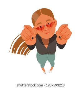 Smiling Freckled Woman in Sunglasses Looking Up Watching at Something and Pointing Fingers Above View Vector Illustration