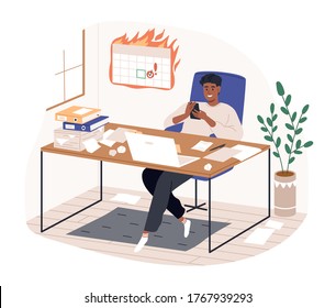 Smiling freelancer black man sitting on desk surfing internet use smartphone vector flat illustration. Modern guy procrastinating at home office isolated on white. Remote work disadvantages