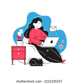 Smiling freelancer business woman working remotely on laptop send or receive email vector flat illustration. Happy modern female studying distance education learning texting new message at home office