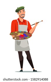 Smiling french artist flat vector illustration. Painter with color palette cartoon character. Man with drawing tools isolated on white background. Frenchman holding painting equipment