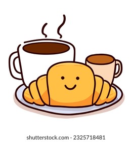 Smiling french croissant, hot mug, happy french breakfast clipart