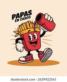 Smiling French Fries Character with Ketchup in Retro Cartoon Style Mascot T-shirt Design Vector