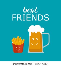 Smiling french fries fast food in red paper box and glass of lager beer, isolated on blue background. With best friends typography lettering. Good for pub menu illustration. Cold beverage in hot day.