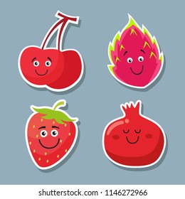 Smiling fresh cherry, pitaya, strawberry, pomegranate fruit organic design template. Fruit concept vector illustration