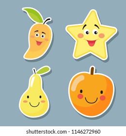 Smiling fresh mango, starfruit, pear, orange fruit organic design template. Fruit concept vector illustration