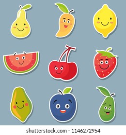 Smiling fresh pear, mango, lemon, watermelon, cherry, strawberry, papaya, blueberry, avocado fruit organic design template. Fruit concept vector illustration